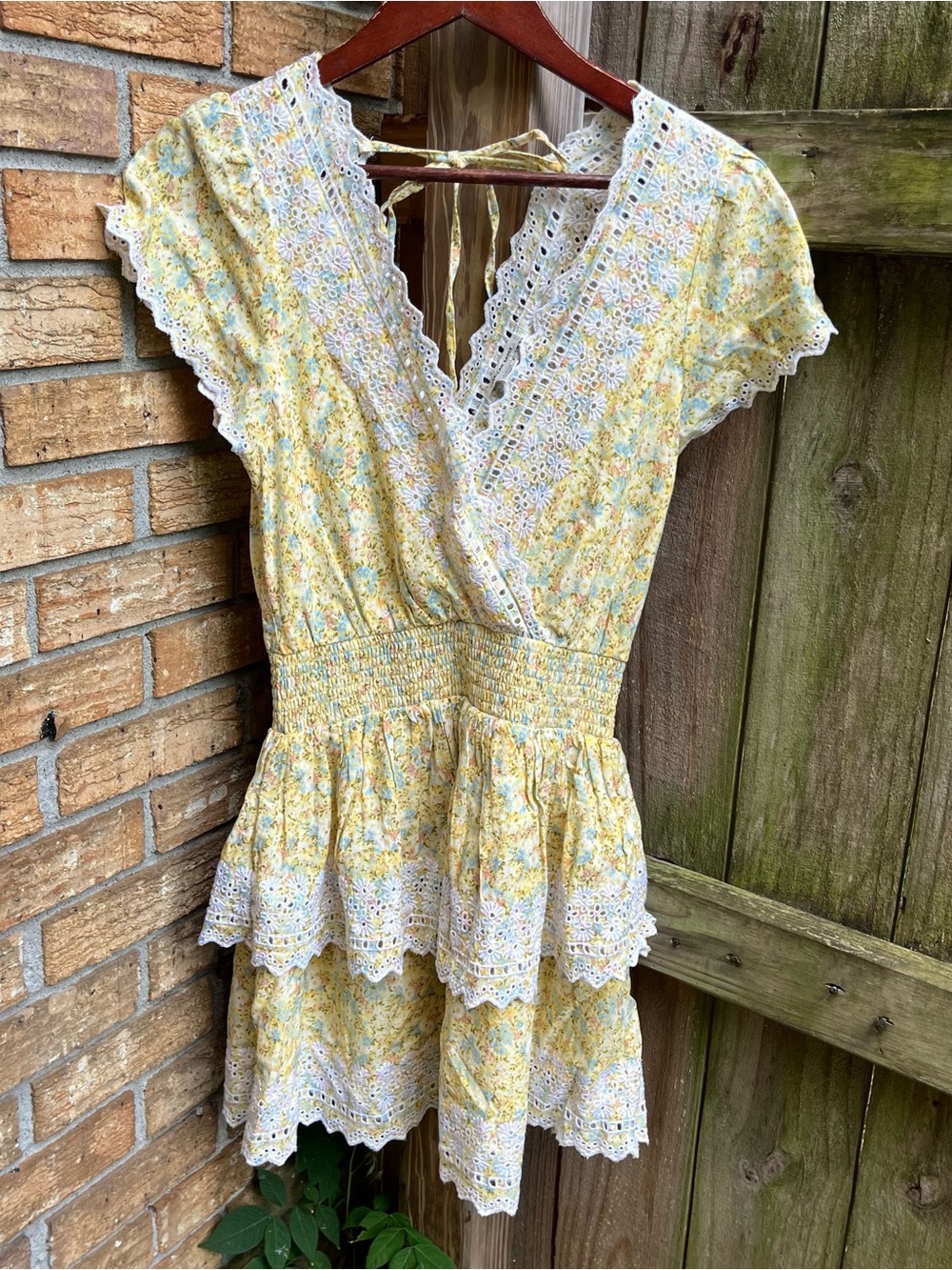 American Eagle Outfitters Yellow Floral Eyelet Lace Mini Dress Cottagecore